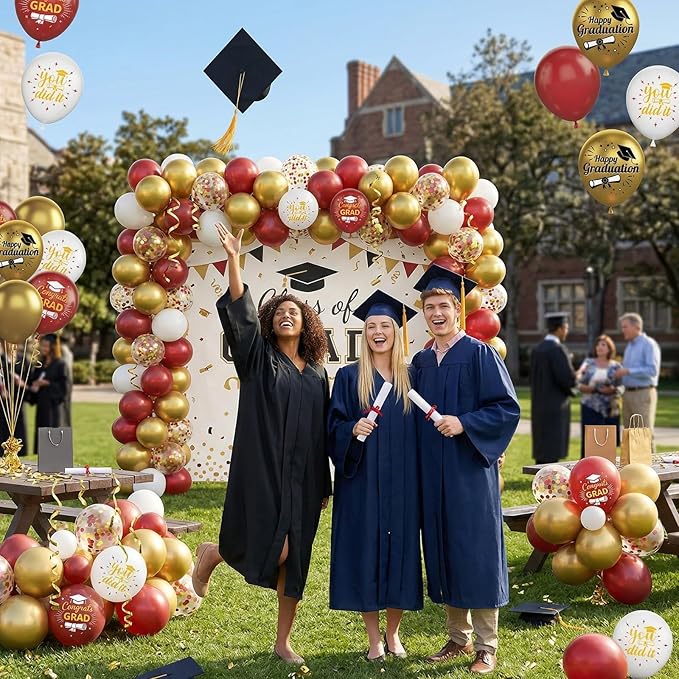 Burgundy and Gold Graduation Balloons Graduation Decorations 2026, 60Pcs Print Congrats Grad Balloons, Maroon Gold Confetti Latex Balloon, Class of 2026 Grad Party Decorations for College High School
