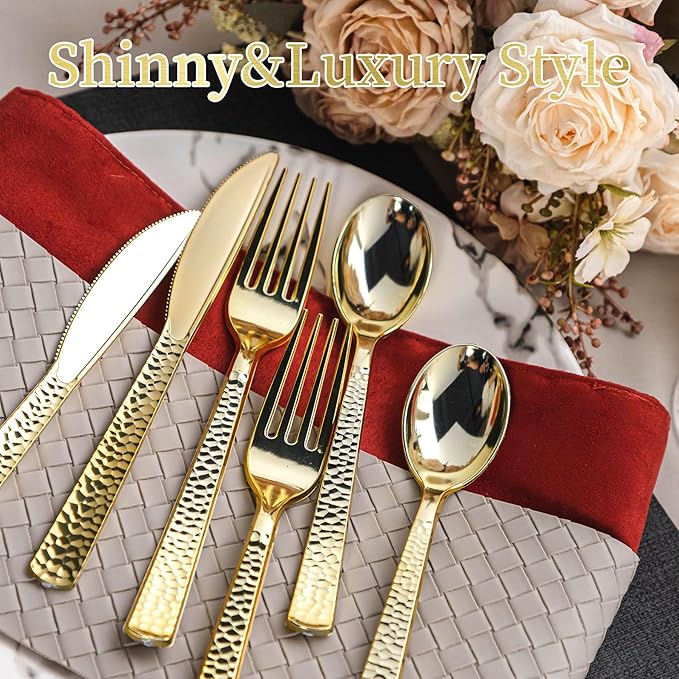 360PCS Gold Plastic Silverware, Heavy Duty Plastic Cutlery Set, Disposable Utensils, 120 Forks, 120 Spoons and 120 Knives for Party, Wedding and Events