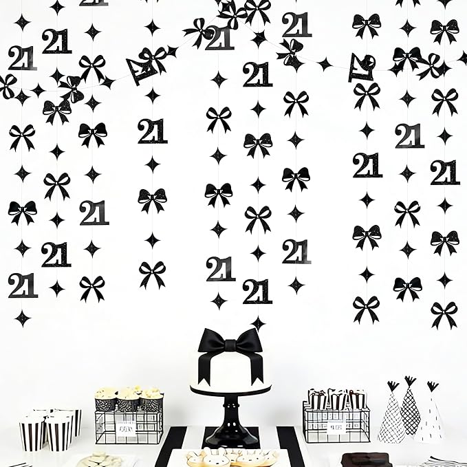 Black 21st Bow Birthday Decorations Glitter Conquette Bow Garland Streamer Banner Backdrop for Girls Boys Happy 21st Birthday Finally Legal Cheers to 21 Years Old Awesome Since 2004 Party Supplies