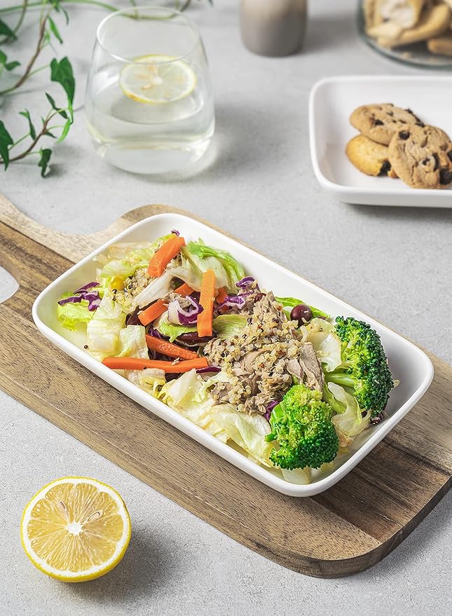 Sweese 8 Inch Rectangular Salad Plates, Porcelain Dessert Plates, Small White Serving Trays for Salad, Fruit, Sushi Appetizer and Parties - Stackable, Set of 6, White