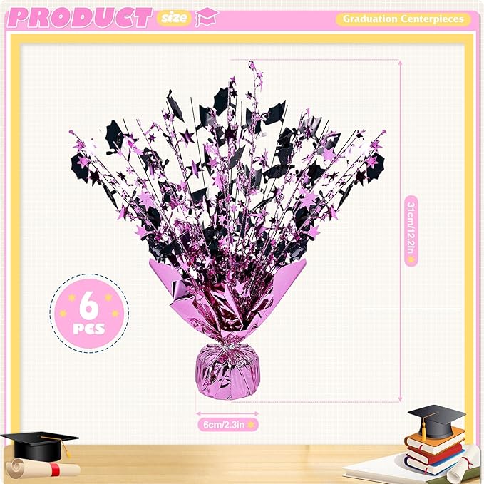 6 Packs Graduation Decorations Centerpieces for Tables Metallic Foil Star Graduate Cap Burst Tabletop Display in Pink and Black for Grad Ceremonies Celebrations Party Decor Supplies 12 (Pink)