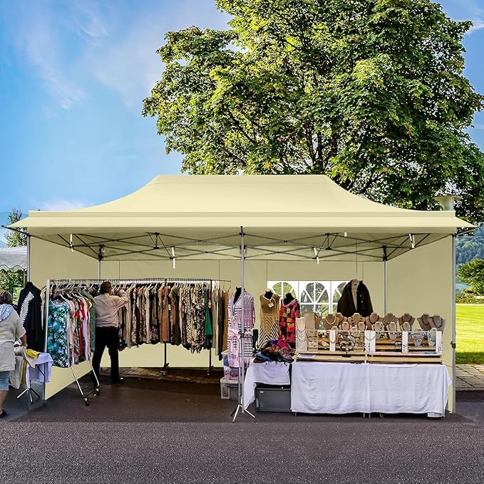 COBIZI 10x20 Pop Up Canopy Tent Heavy Duty with Awning, Outdoor Commercial Canopy with Sidewalls, Waterproof UPF 50+ All Season, Vendor Tent for Market and Party, Khaki