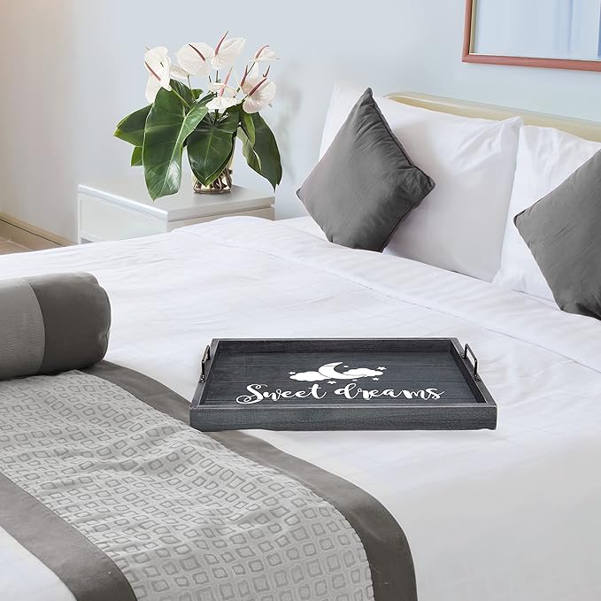 Elegant Designs HG2000-MBS Decorative Wood Serving Tray w/Handles, 15.50'' x 12'', Midnight Blue Wash ''Sweet Dreams''
