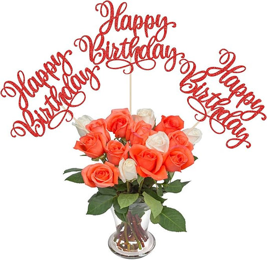 12 PCS Happy Birthday Centerpiece Sticks Double Sided Glitter Happy Birthday Table Flower Centerpieces Decorations for Celebrating Anniversary Theme Party Centerpieces Supplies Red