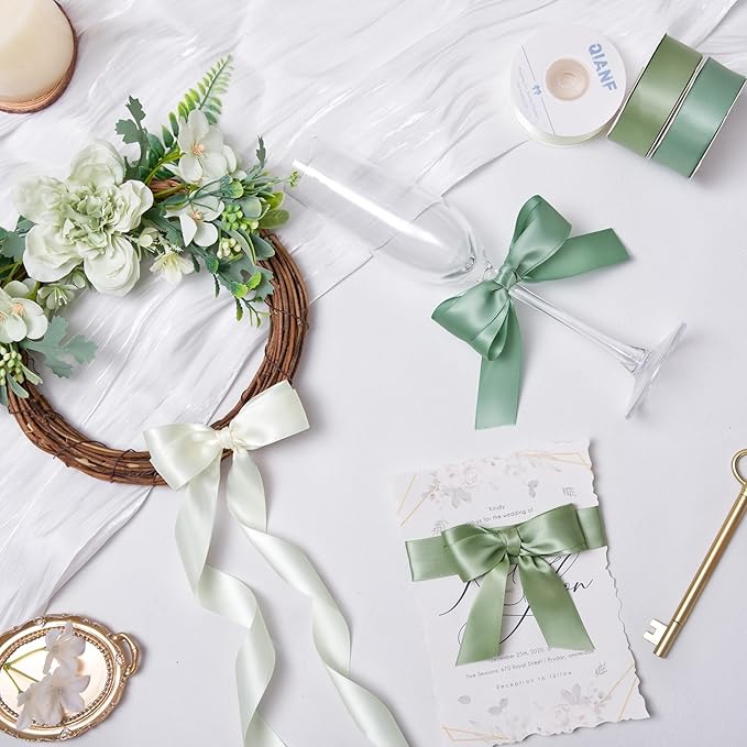 QIANF Sage Green Double Face Satin Ribbon 1 Inch x 45 Yards Moss Green Cream Fabric Ribbon for Gift Wrapping, Flower Bouquets Bows Making, Wedding Decoration, Invitations, Christmas (3 Rolls *15Yd)