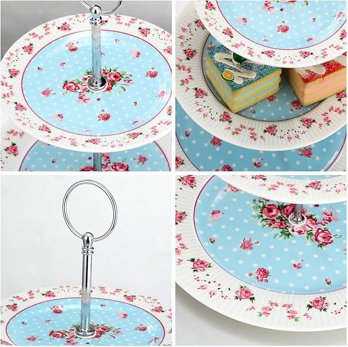 Dandat 4 Pcs 3 Tier Tea Party Cake Stand Floral Ceramic Cupcake Display Round Porcelain Cupcake Dessert Tower Tray Pastry Serving Tray Platter for Tea Party Wedding Birthday, 4 Designs