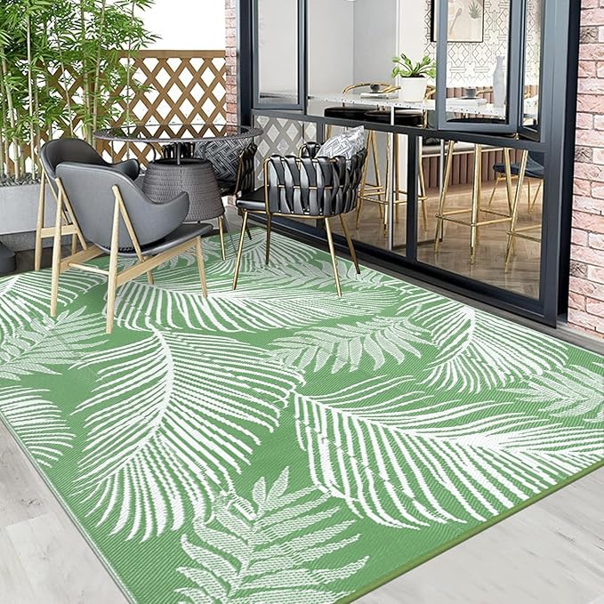 Pauwer Waterproof Outdoor Rug 6x9, Reversible Plastic Straw Patio Camping Rug, Indoor Outdoor RV Mat Carpet for Deck, Camper, Porch, Balcony, Backyard, Picnic, Leaf Green
