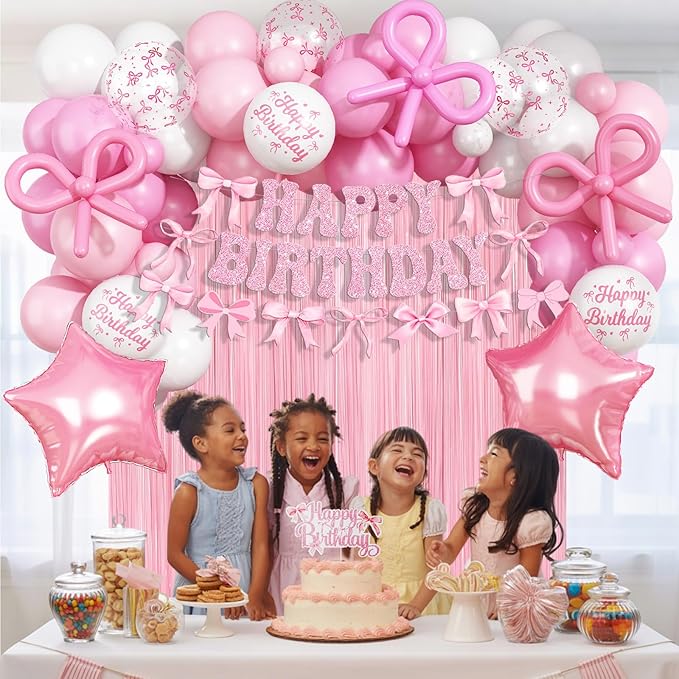 Pink Bow Birthday Decorations, Coquette Party Decoration for Girls Women Pastel Light Pink White Bow Latex Balloons Happy Birthday Banner Cake Topper for Baby Shower Bachelorette Party Decor Supplies