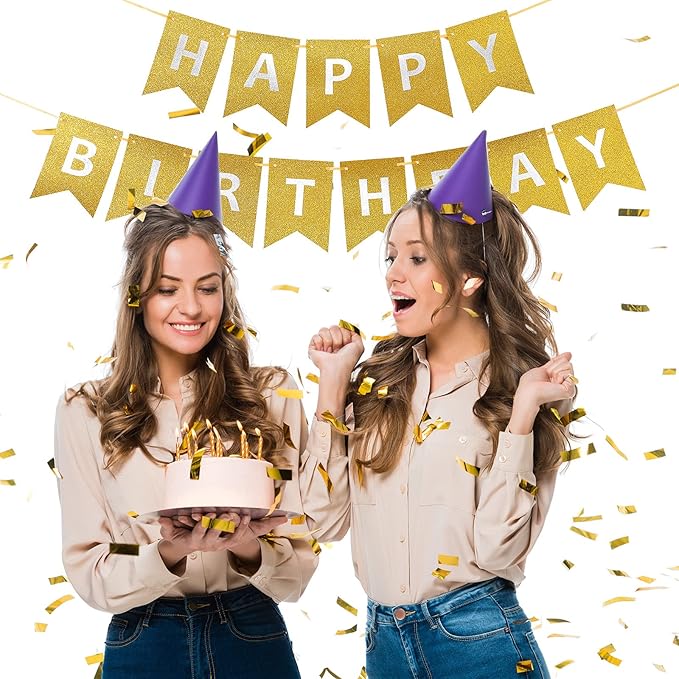 Clabby Glitter Gold Happy Birthday Banner with Shiny Letters Happy Birthday Shiny Glitter Hanging Signs Bunting for Party Supplies Hanging Backdrop Decoration