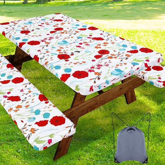 Smiry Picnic Table Cover with Bench Covers, Waterproof Elastic Fitted Tablecloth for 6 Foot Tables, Washable Polyester Tablecloths for Camping, Indoor & Outdoor (Flower, 30x72 Inch 3-pc Set)