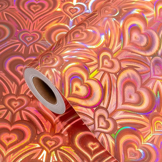 Burymento Rose Gold Wrapping Paper Roll, Metallic Holographic Heart Gift Wrap for Birthday, Valentines, Mothers day, Graduation, Wedding, Fathers day, Baby Shower, Christmas (17 IN x 32.8 FT)
