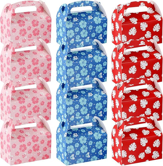 Marspark 12 Pack Hawaiian Themed Cartoon Birthday Party Supplies, Paper Gift Boxes, Cartoon Candy Treat Boxes for Birthday Party Decorations(Flower Pattern)