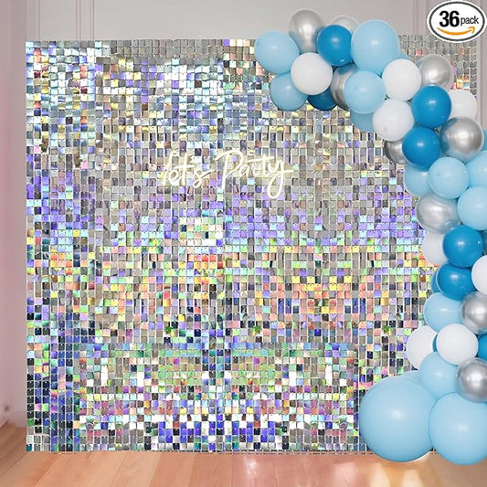 36 Pcs Iridescent Silver Shimmer Wall Backdrop, Square Sequin Backdrop Panels for Birthday Gala Graduation Prom Party Anniversary Decoration - 6x6 FT