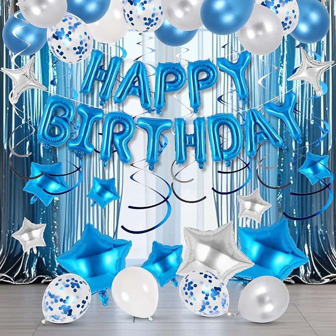 55 Pcs Happy Birthday Balloons Letters Banner with 35 Pcs Star Foil Balloon, 20 Pcs Latex Balloons, 6 Hanging Swirls for Women Men Boys Girls Birthday Party Decorations Set ﻿ (Blue)