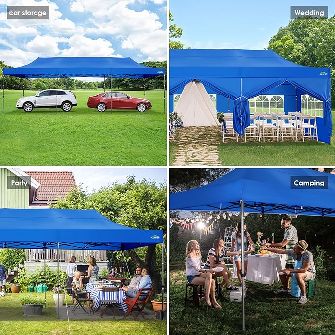 COBIZI 10x30 Heavy Duty Pop up Canopy with 8 sidewalls Party Tent for Parties Weddings Events UPF 50+ Waterproof Commercial Gazebo with Roller Bag, Blue(Frame Thickened)