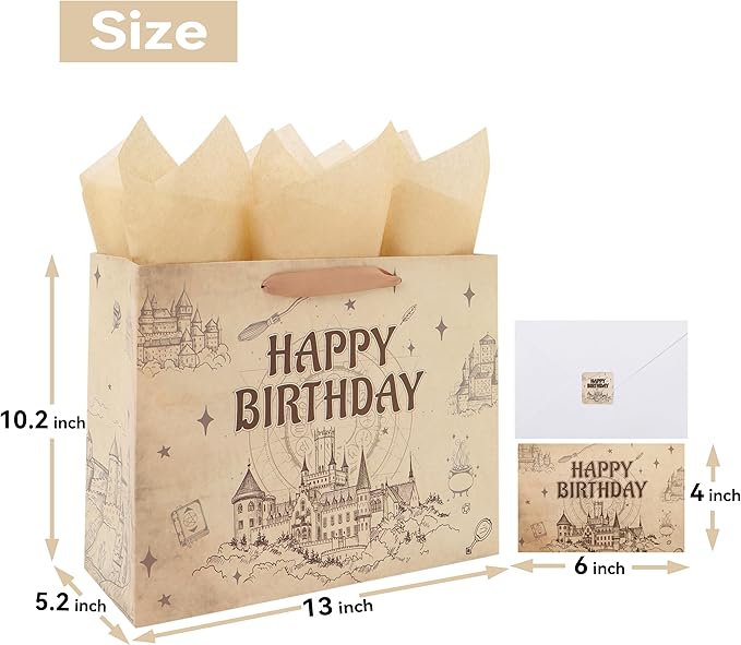 Qirrmiy 13” Large Magical Birthday Gift Bag Set with Handles, Greeting Card, Tissue Papers and Stickers for Boys Girls Teens for Baby, Kids‘ Birthday Party, 1 Pcs