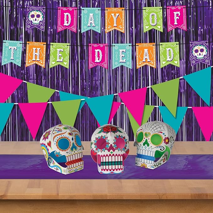 Beistle 6 Piece Three Dimensional Sugar Skull Day Of The Dead Centerpieces - Eye-Catching Dia De Los Muertos Party Decorations, Made In USA Since 1900