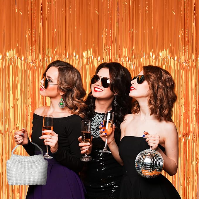 PIGETALE 2 Pack 3.2x8.2 Feet Orange Foil Fringe Backdrop Curtains, Metallic Tinsel Photo Booth Backdrop Streamers Birthday Party Decorations, Halloween Baby Shower Disco Basketball Party Supplies