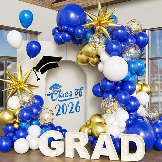 Blue White Gold Balloon Arch Kit Graduation Decorations 2026, 130Pcs Blue and White Balloons and Foil Star Balloon with Confetti Ribbons Grad Party Decorations for College High School Class of 2026