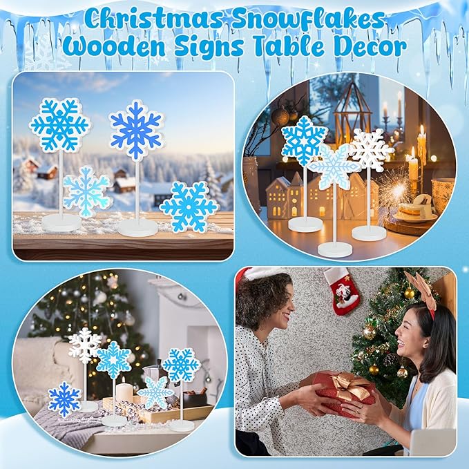 Geelin 10 Pcs Wooden Snowflake Table Decor Winter Decoration Snowflakes Table Centerpiece Standing Snowflakes Tabletop Signs Tabletop Gift for Winter Holiday Wonderland Home Desk Party Decoration