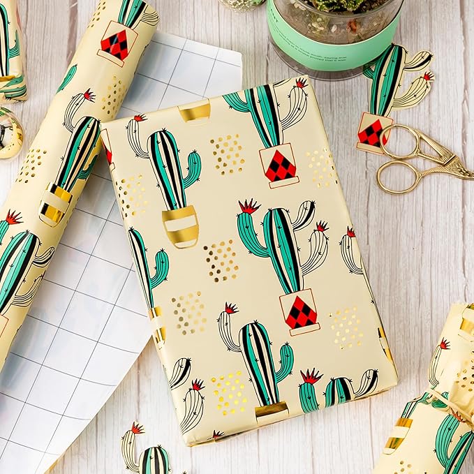 MAYPLUSS Cactus Wrapping Paper Roll - 17Inch X 33Feet - Western Green Cactus Potted Plants Gold foil Design Gift Wrap Thick Paper for Baby Shower, Christmas, Holiday, Birthday, Wedding, Cactus Lover