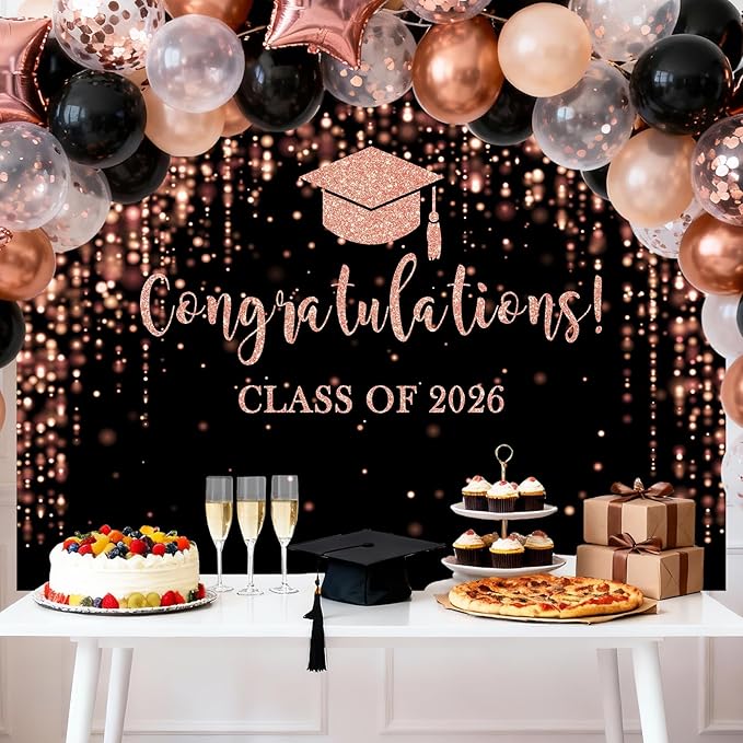 Mocsicka Class of 2026 Backdrop Rose Gold Glitter Bokeh Graduation Party Background 2026 Congrats Grad Prom Party Cake Table Decoration Photo Booth Props (10x7ft)