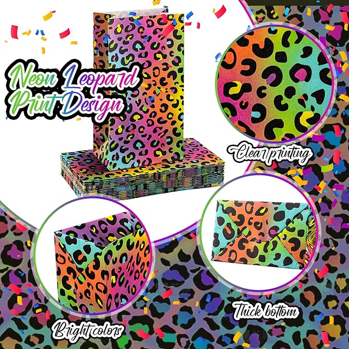 Leinuosen 24 Pcs Neon Rainbow Leopard Paper Bags Cheetah Birthday Party Favor Cheetah Paper Treat Bags for Leopard Birthday Bridal Shower Christmas Party Decorations