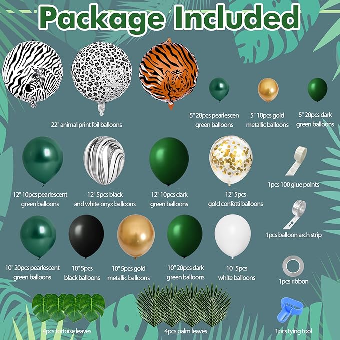 Amandir 152Pcs Jungle Safari Balloon Garland Arch Kit, Gold Dark Green Animal Balloons Artificial Tropical Palm Leaves Decorations Boy Girl Wild One Birthday Party Supplies