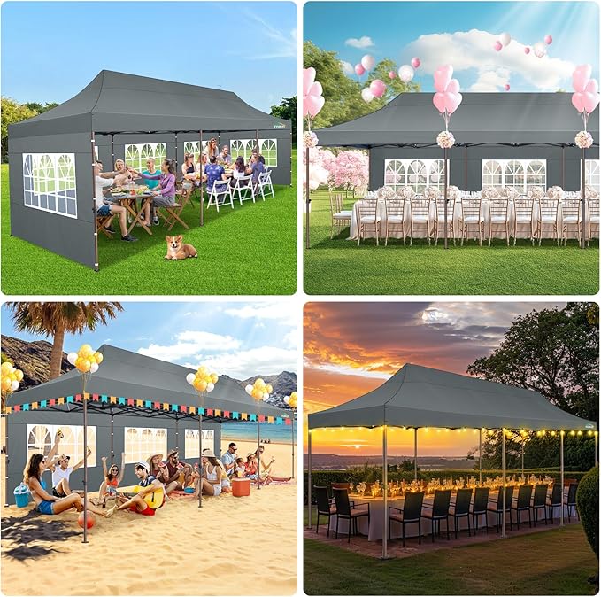 COBIZI 10x30 Pop Up Heavy Duty Canopy with 8 Sidewalls and Hexagonal Legs, Easy up Tent for Party, Wedding and Commercial, Outdoor Canopy with Carry Bag, Waterproof & UPF50+ (Gray)