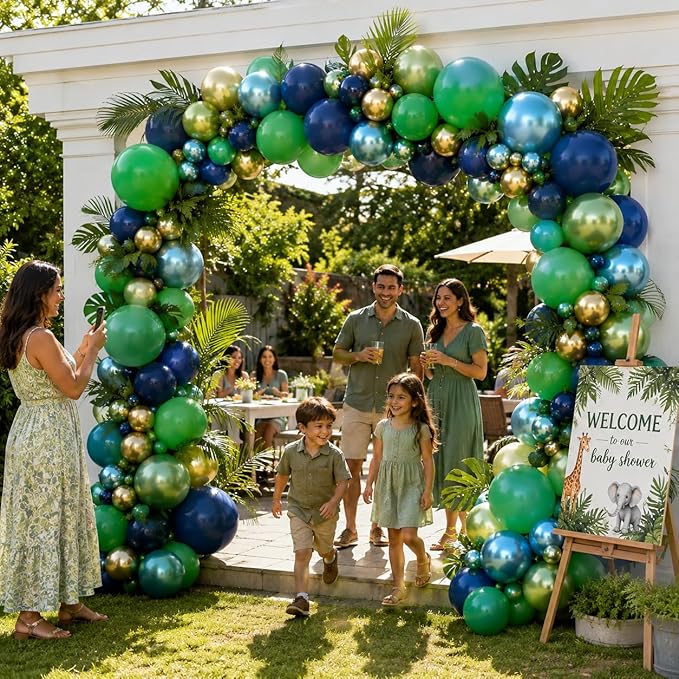 134Pcs Blue and Green Balloon Garland Kit, Navy Blue Dark Green Gold Balloon Arch Kit with Metallic Chrome Balloons, Dinosaur Helium Latex Balloons for Dino Jungle Safari Birthday Party Decorations