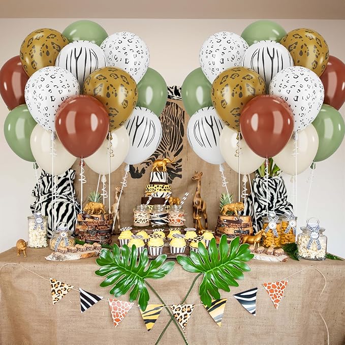 Sage Green Beige Balloons Coffee Brown Geen White Balloons for Jungle Safari Party Lion Birthday Decorations 12INCH Green White Brown Helium Latex Balloon for Arch Forest Animal Wild One Decor