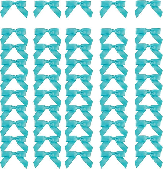 Meseey 100 Pcs 1.5 Inches Pretied Premade Craft Bows with Twist Tie Self Adhesive Satin Ribbon Bows for Treat Bags Gift Wrapping Basket Wedding Baby Shower Brithday Party (Turquoise Blue)