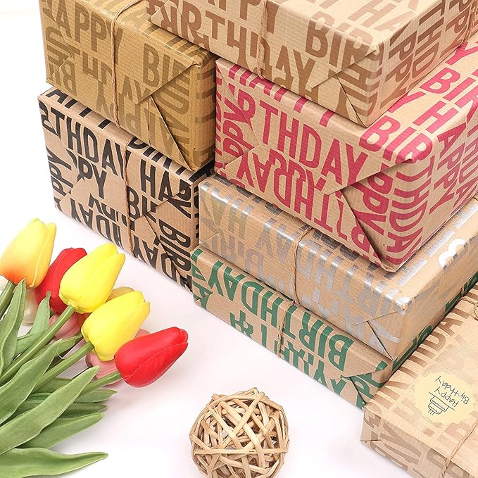 Birthday Wrapping Paper Set, 6 Sheets Kraft Brown Recycled Gift Wrapping Paper with Stickers, Gift Wrapping Paper with Happy Birthday Pattern Design for Kids Girls Women Boys Men Adults, 20×28 inches