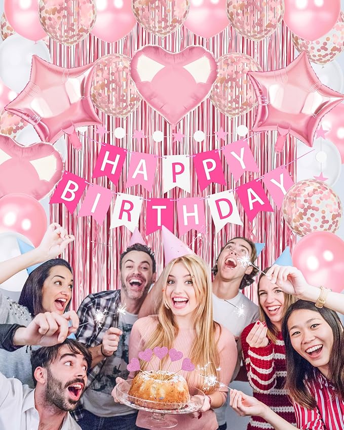 Lutoys Pink Happy Birthday Party Decorations, Happy Birthday Banner, Pink Foil Heart Star Confetti Balloons Curtain Backdrop Hanging Swirls Butterfly Party Decor for Girls Women Princess