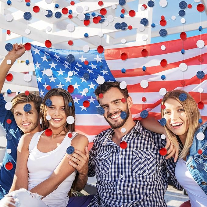 Outus 10 Pieces Blue,White,Red Round Dots Garland Graduation Party Hanging Decor Each Length 13.1ft Glitter Paper Dot Streamers for Birthday Wedding Classroom Supplies