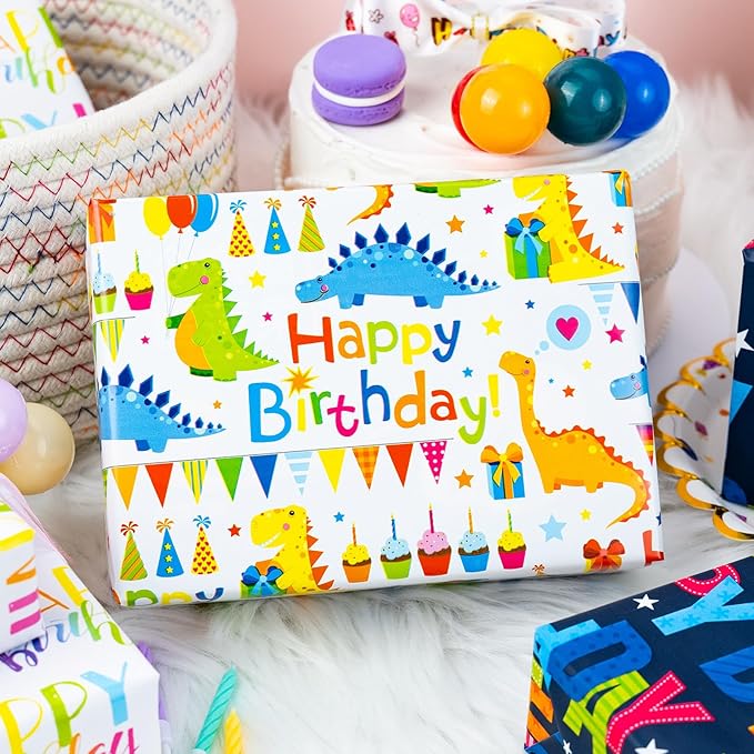 MAYPLUSS Dinosaur Birthday Wrapping Paper, Kid Gift Wrapping Paper, Happy Birthday Dinosaur Pattern Gift Wrap for Boys, Girls, Baby Shower(Mini Roll, 17 Inch x 120 Inch Per Roll)