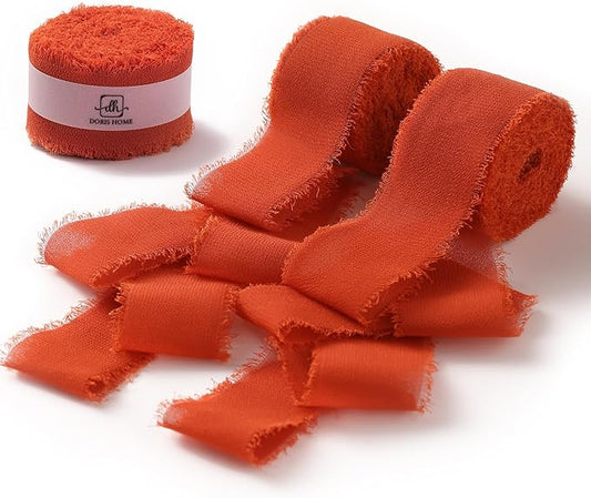 DORIS HOME Burnt Orange Chiffon Ribbon for Flower Bouquet, 1" x21Yd Fabric Ribbon for Gift Wrapping, Handmade Frayed Ribbon for Wedding Invitations/Christmas Decorations