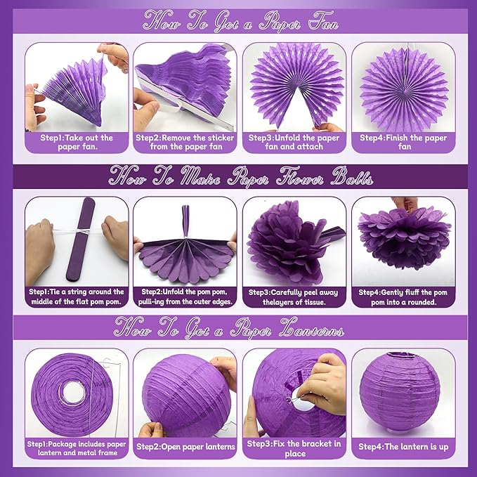 MEIDUO 34 Pcs Purple Decorations for Party, Hanging Paper Lanterns Fans Pom Poms Set, Purple and White Graduation Decorations, Lavender Birthday Decorations for Women Girls