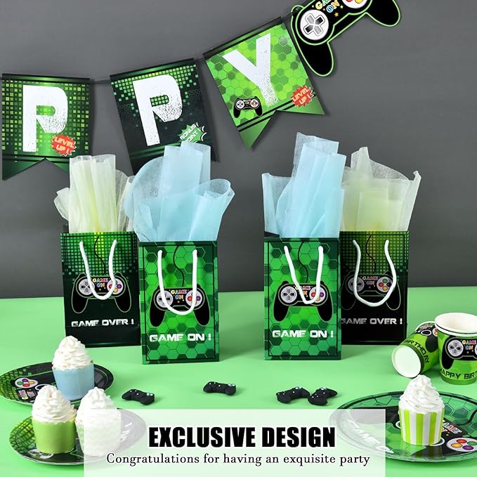 WERNNSAI Video Game Party Favor Bags - 16 Pack Gaming Birthday Party Decorations for Kids Boys Green Game Goodie Bags with Handles Game On Birthday Party Supplies for Baby Showe Anniversary
