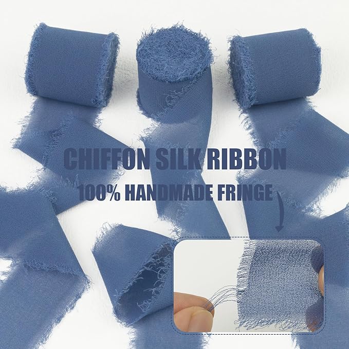 Slate Blue Chiffon Ribbon - 1-1/2 Inch x 21 Yards, Handmade Fringe, Silk, Boho Frayed, Dark Blue, Gift Wrapping, Wedding Invitation, Bridal Flower Bouquets