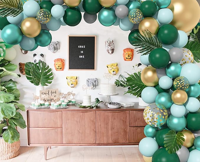 Amandir 151Pcs Jungle Safari Balloon Garland Kit, Metallic Green Gold Tropical Balloons Arch Artificial Palm Leaves for Animal Dinosaur Two Wild One Birthday Decoration
