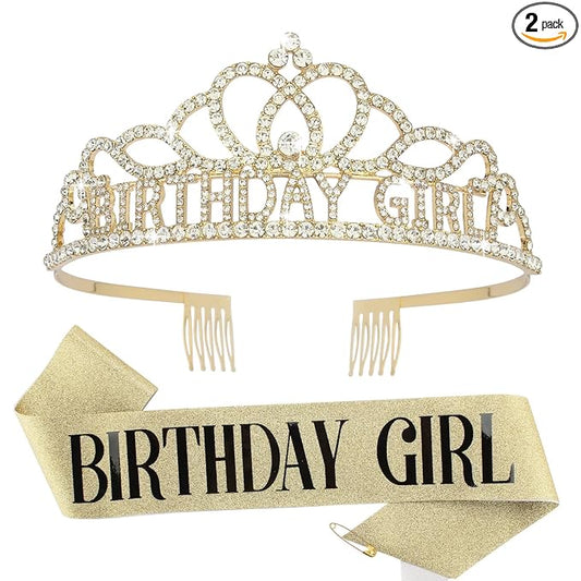 CIEHER Birthday Girl Sash and Birthday Crown Gold Birthday Tiara for Women Birthday Girl Headband Princess Crown Gold Birthday Decorations Birthday Crown and Sash Rhinestone Happy Birthday Accessories