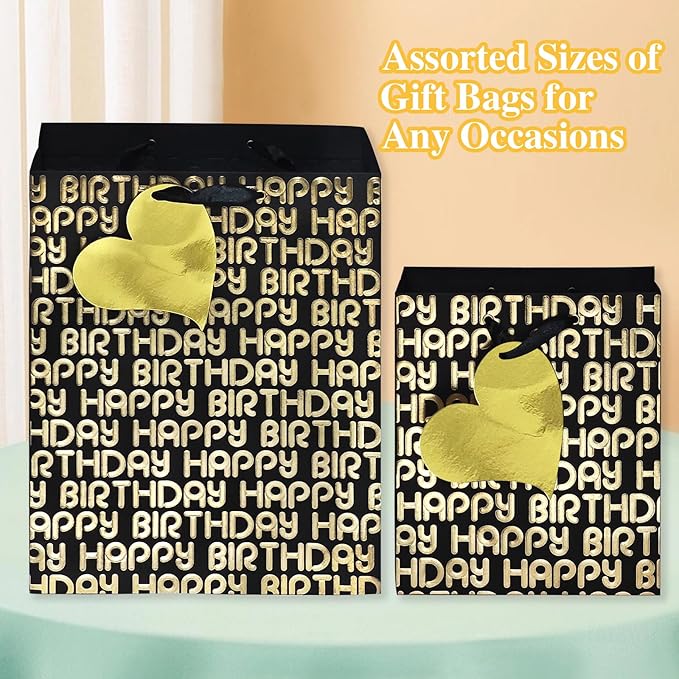 suosicn 6 Pack Black Birthday Gift Bags with Handles and 8 Pcs Tissue Paper, Assorted Sizes Metallic Letters Gift Bags for Birthday,Anniversary and Any Occasions