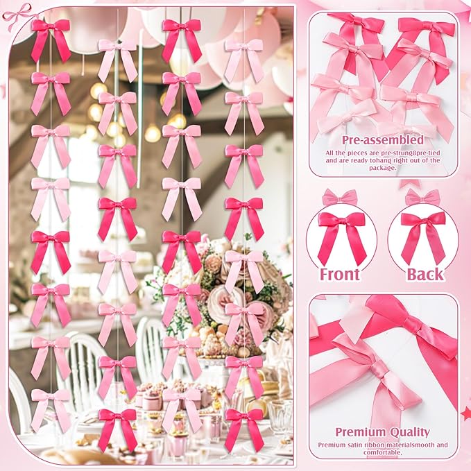 Taobary 8 Pcs 6.6 ft Bow Garland, Satin Ribbon Bow Banner Coquette Hanging Ornament for Photo Backdrop Birthday Party Wedding Bridal Baby Shower Wall Decorations(Pink Series,1 Inch)