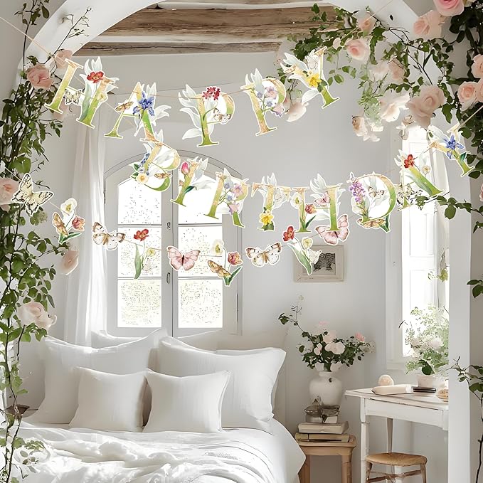 SUNBEAUTY Wildflower Butterfly Happy Birthday Banner Spring Floral Birthday Decorations Pre-Strung Butterfly Flower Garden Decor for Girls Women Baby Shower Wedding Tea Party