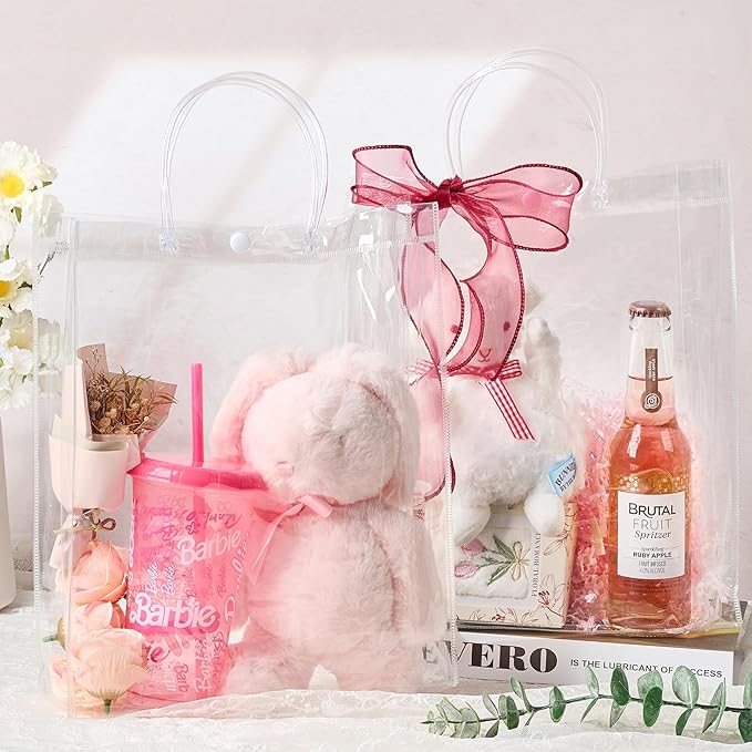Jutieuo 24 PCS Clear Gift Bags with Handles, 10.2 x 11.8 x 3.2 Inches Reusable Plastic Goodie Bag Transparent Party Favor Bags Bulk for Weddings Birthdays Events, Classrooms & Celebrations