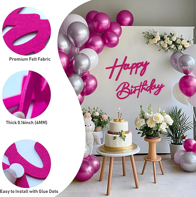 Hot Pink Happy Birthday Sign for Backdrop - Felt Happy Birthday Letters for Balloon Arch Party Backdrop Decorations Large Reuseable Signs for Baby Girl Women Party Baby Shower