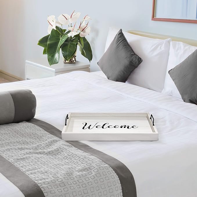 Elegant Designs HG2000-WWC Decorative Wood Serving Tray w/Handles, 15.50" x 12", Welcome (Pack of 10)