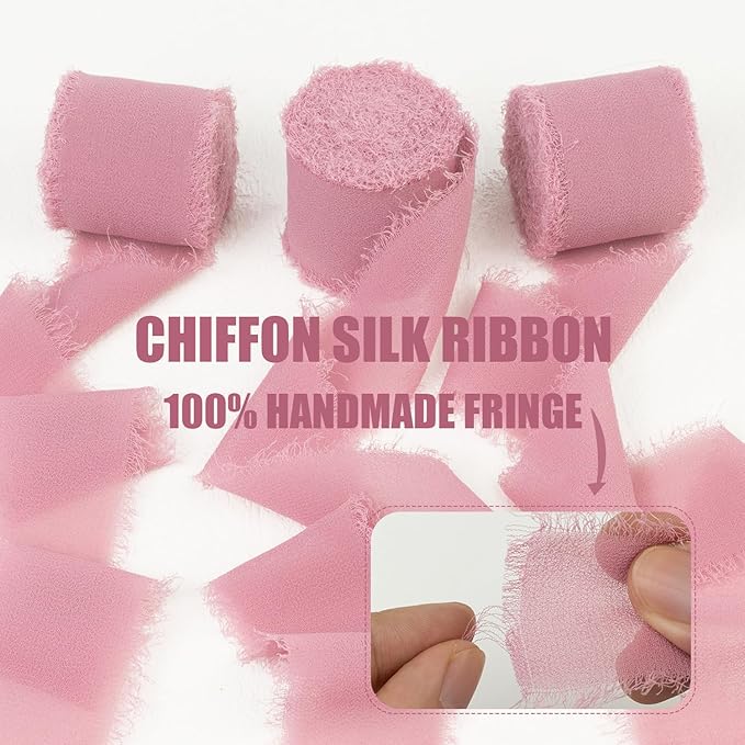 Rosy Mauve Chiffon Ribbon - 1.5 Inch x 21 Yards, Handmade Fringe, Silk, Boho Frayed, Perfect for Gift Wrapping, Wedding Invitations, Bridal Flower Bouquets