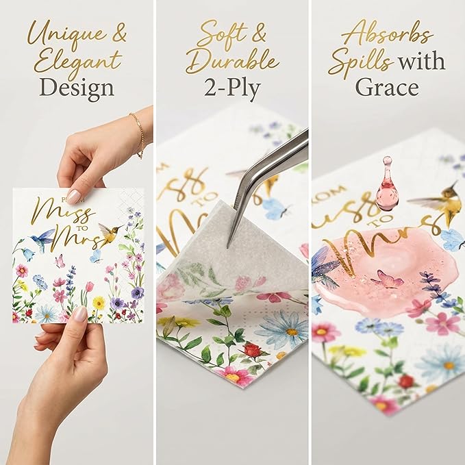 100 Pcs Paper Napkins Disposable, Miss to Mrs Floral Cocktail Napkins, Decorative Dinner Napkins Bulk, Guest Towels for Bathroom, Wedding, Bridal Shower & Engagement Party Decorations